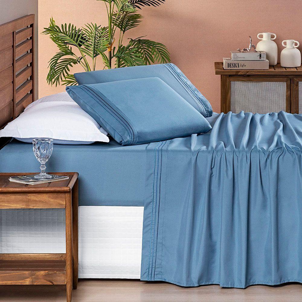 Jogo Cama Lençol Honore Casal Padrão Micro Percal 200 Fios C/ Detalhes Bordados 4 Peças - Azul Ice Blue - 2