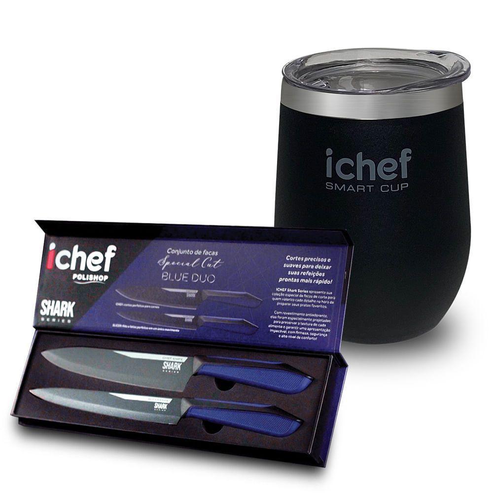 Facas Ichef Special Cut Azul E Copo Térmico Com Tampa Ichef Smart Cup 350ml | Copo Preto - 1
