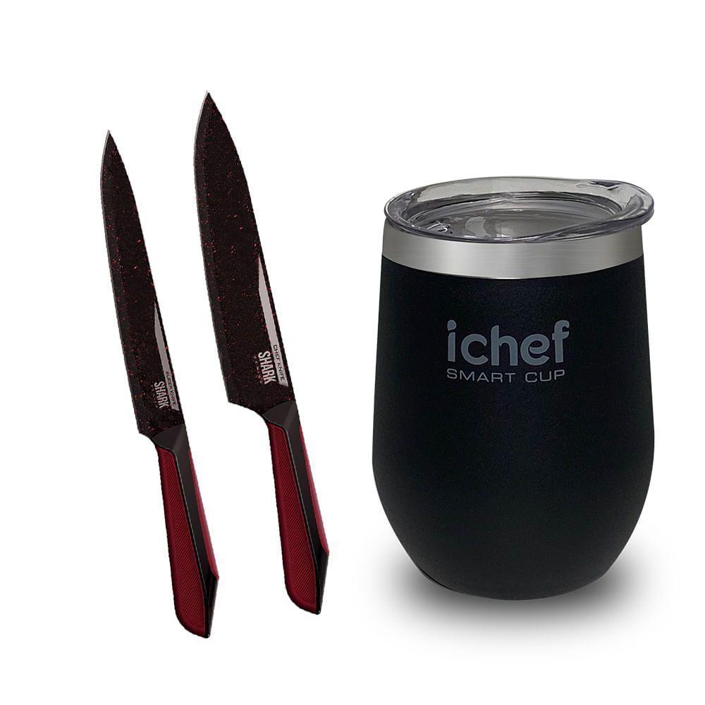 Facas Ichef Professional Cut Red E Copo Térmico Com Tampa Ichef Smart Cup 350 Ml | Copo Preto - 1