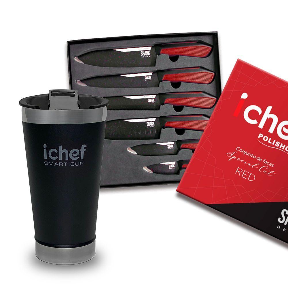 Conjunto De 6 Facas Special Cut Vermelha E Copo Térmico Com Tampa Smart Cup 600ml Ichef | Copo Preto - 1
