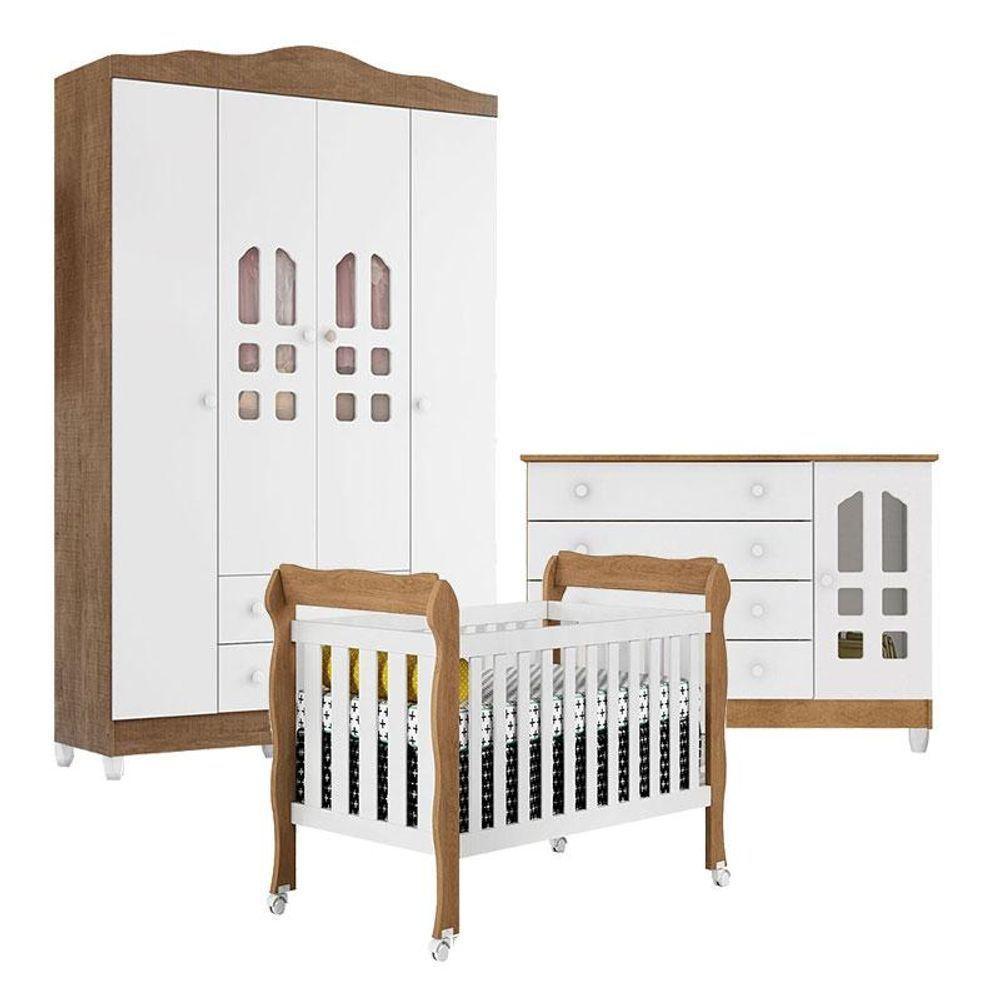 Quarto De Bebê New Selena 4 Portas Com Berço Lila E Cômoda Gran Selena Branco Amadeirado - 1