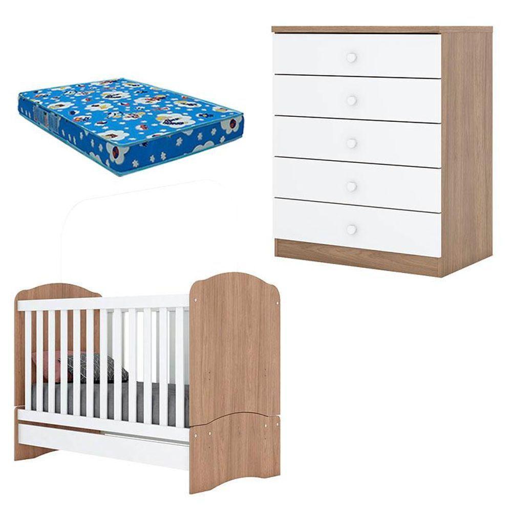 Berço Nacional Bala De Menta E Cômoda Infantil Pique-esconde Rústico Branco Com Colchão Ortobom - 1