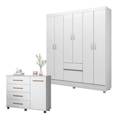 Cômoda e Guarda Roupa Casal Flora Flash 2 7 Portas Giratórias 6 Gavetas em MDP Branco Flex