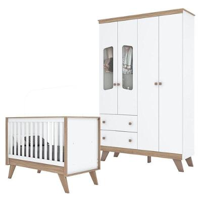 Berço Americano e Guarda Roupa Infantil Confete 4 Portas 2 Gavetas MDP e MDF Branco Henn