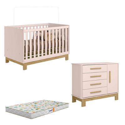 Berço Americano 4315 E Cômoda Sapateira 4355 Q Encanto Slim Rosa Acetinado Com Colchão Gazin - Qmovi