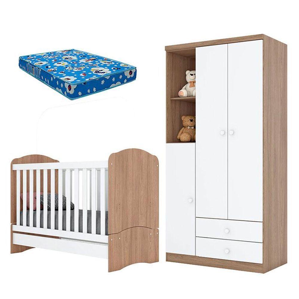 Berço Nacional E Guarda Roupa Infantil Bala De Menta Rústico Branco Com Colchão Ortobom - Henn - 1