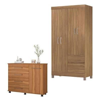 Cômoda e Guarda Roupa Solteiro Flora Lótus 1 Porta Giratória 4 Gavetas em MDP Amêndola Touch