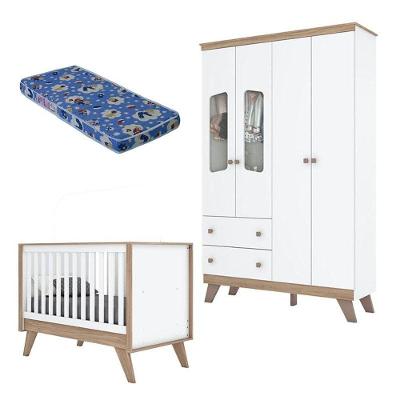 Berço Americano e Guarda Roupa Infantil Confete com Colchão Ortobom 4 Portas 2 Gavetas em MDF e MDP