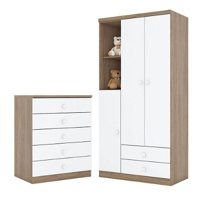 Cômoda e Guarda Roupa Infantil Pique-Esconde 3 Portas de Bater 2 Gavetas em MDF e MDP Rústico Branco