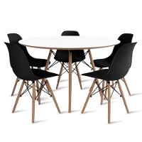 Conjunto De Mesa De Jantar Eames Eiffel Redonda 100cm Tampo De Madeira Branco Com 5 Cadeiras Pretas - 1