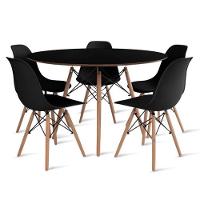 Conjunto De Mesa De Jantar Eames Eiffel Redonda 120cm Tampo De Madeira Preto Com 5 Cadeiras Pretas - 1