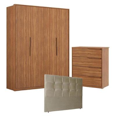 Guarda Roupa Attore 4 Portas E Cômoda Atria Amêndola Com Cabeceira Luiza 140 Cm Taupe - Demartêz