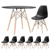 Conjunto De Mesa De Jantar Eames Eiffel Redonda 100cm Tampo De Madeira Preto Com 6 Cadeiras Pretas - 1