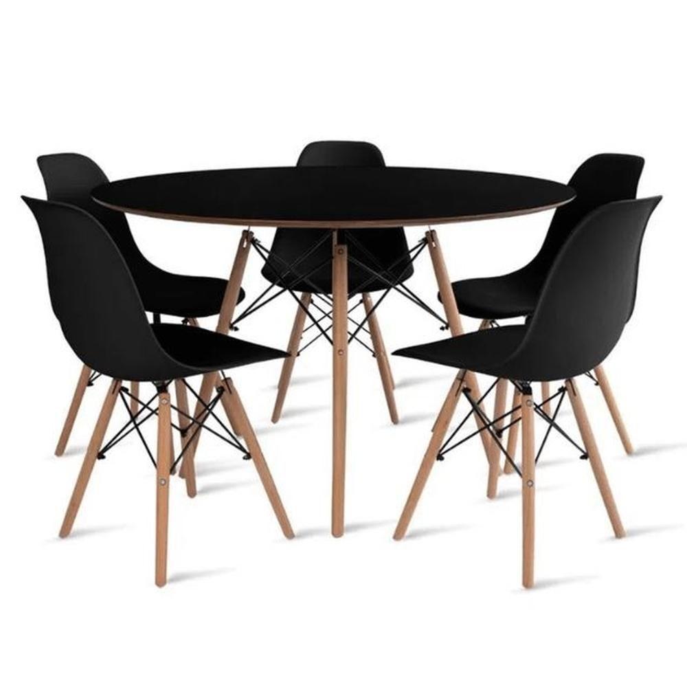 Conjunto De Mesa De Jantar Eames Eiffel Redonda 100cm Tampo De Madeira Preto Com 5 Cadeiras Pretas - 1