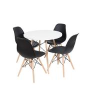 Conjunto De Mesa De Jantar Eames Eiffel Redonda 110cm Tampo De Madeira Branco Com 4 Cadeiras Pretas - 1