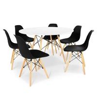 Conjunto De Mesa De Jantar Eames Eiffel Redonda 120cm Tampo De Madeira Branco Com 6 Cadeiras Pretas - 1