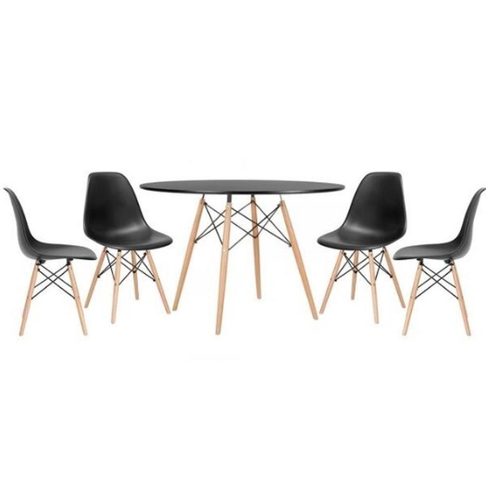 Conjunto De Mesa De Jantar Eames Eiffel Redonda 120cm Tampo De Madeira Preto Com 4 Cadeiras Pretas - 1