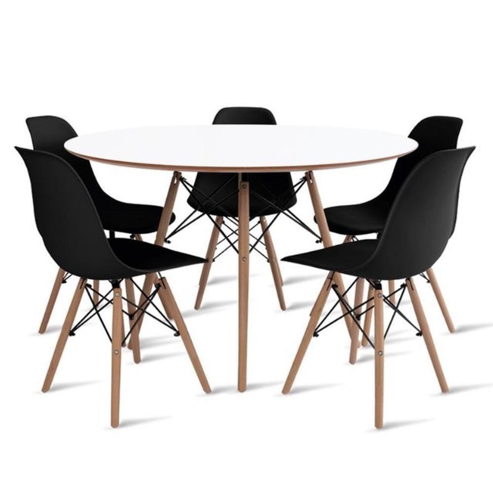 Conjunto De Mesa De Jantar Eames Eiffel Redonda 110cm Tampo De Madeira Branco Com 5 Cadeiras Pretas - 1