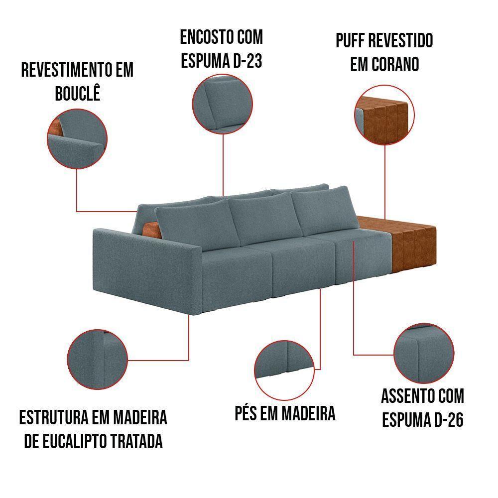 Sofá Ilha 3 Lugares Living 342cm Modulado Para Sala Lary Bouclê K01 - D'rossi Cor Azul - 5