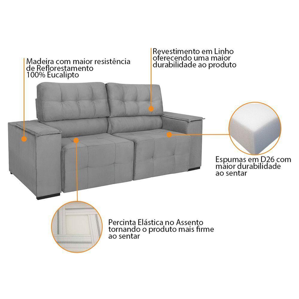 Sofá Cama Retrátil Sala Vicenza 210cm Linho Cor Cinza Claro - 6