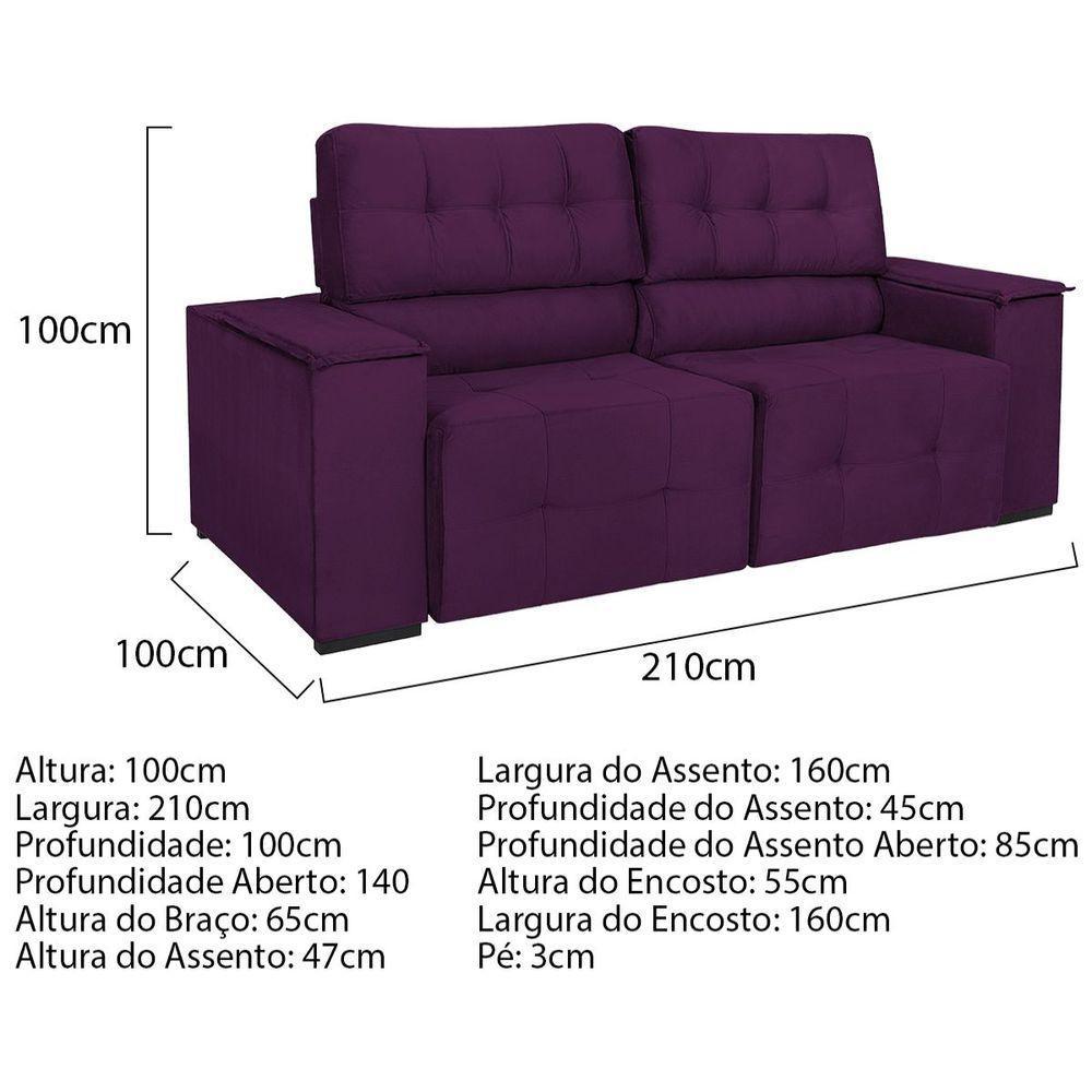 Sofá Cama Retrátil Sala Vicenza Vicenza 210cm Suede Cor Roxo - 7