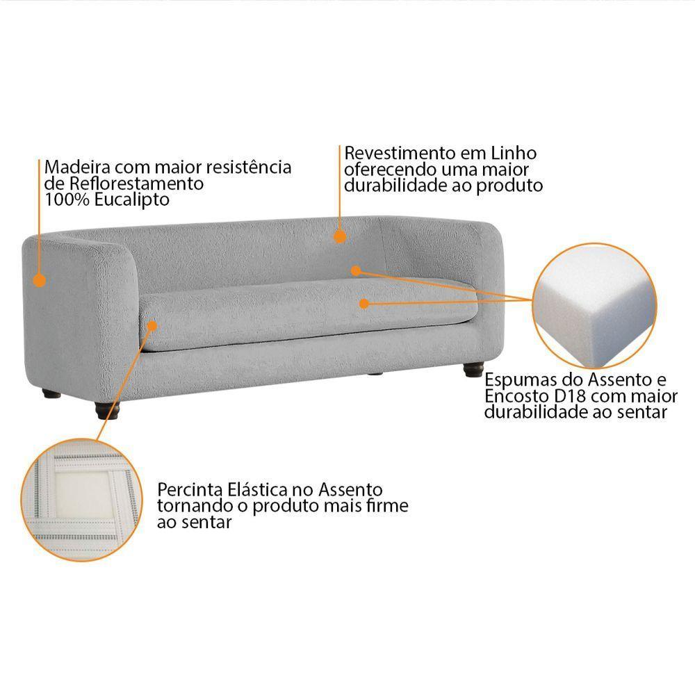 Sofá 3 Lugares Luxo Recepção Escritorio Sala Veneza 180cm Linho Cor Cinza Claro - 6