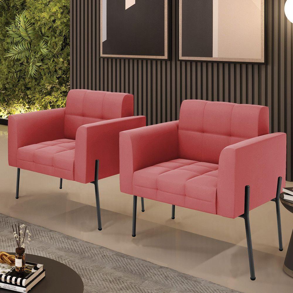 Poltrona Pé De Ferro Preto Para Sala Kit 2 Elisa Suede D03 - D'rossi Cor Rose - 6