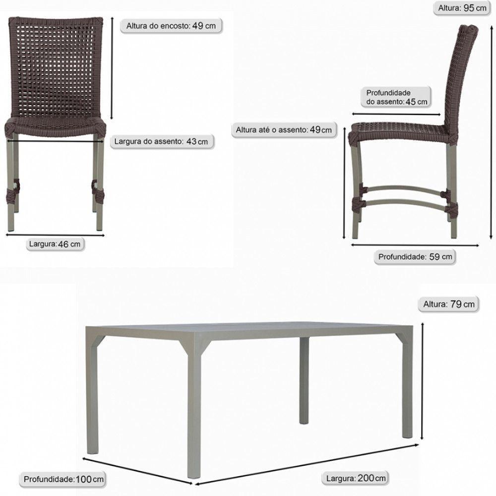 6 Cadeiras Corda Náutica E Mesa Tampo 2,00m Ripado Alumínio Marrom - 6