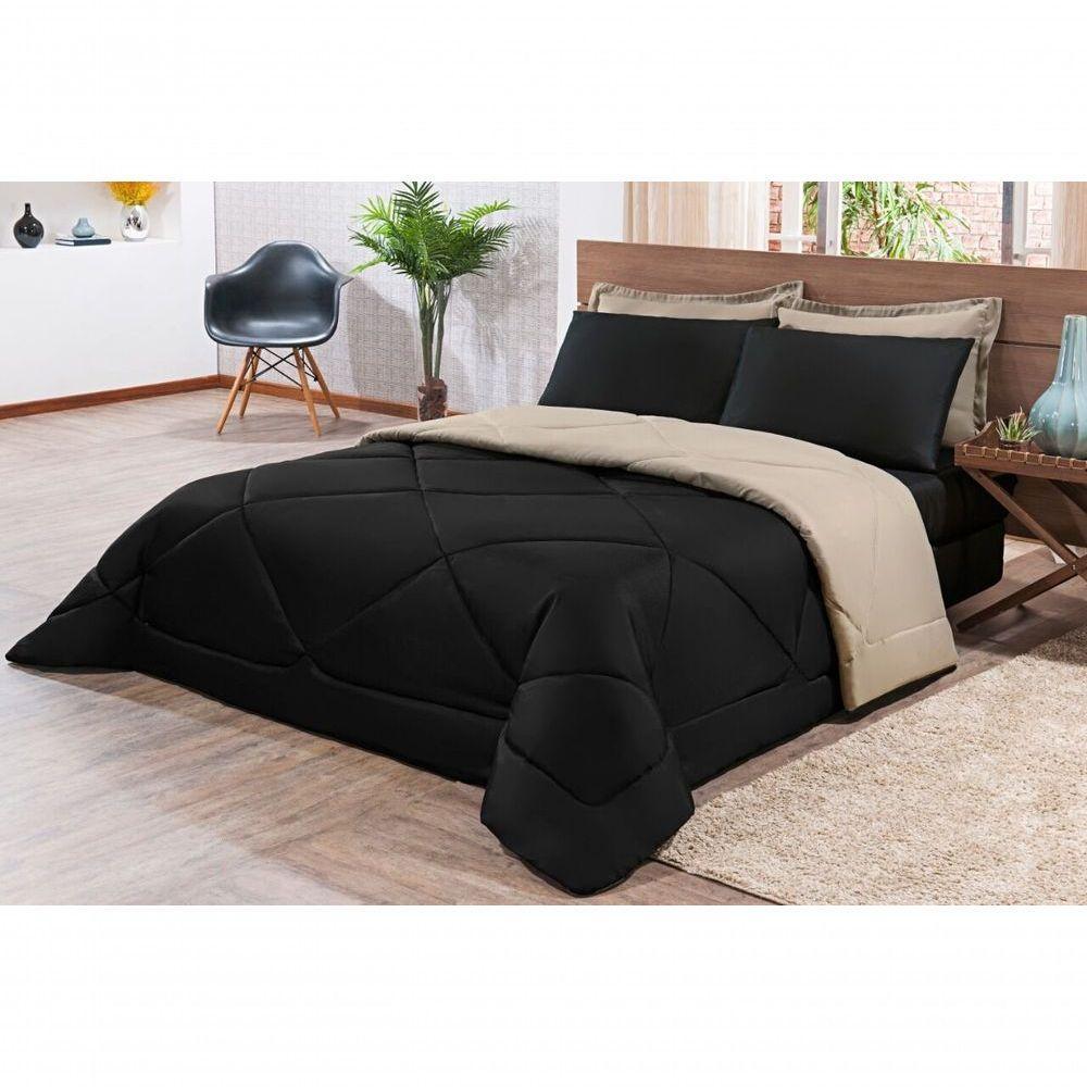 Kit Edredom + Jogo De Lençol Aconchego Look House Dupla Face Solteiro 04 Peças - Preto- Caqui - 1