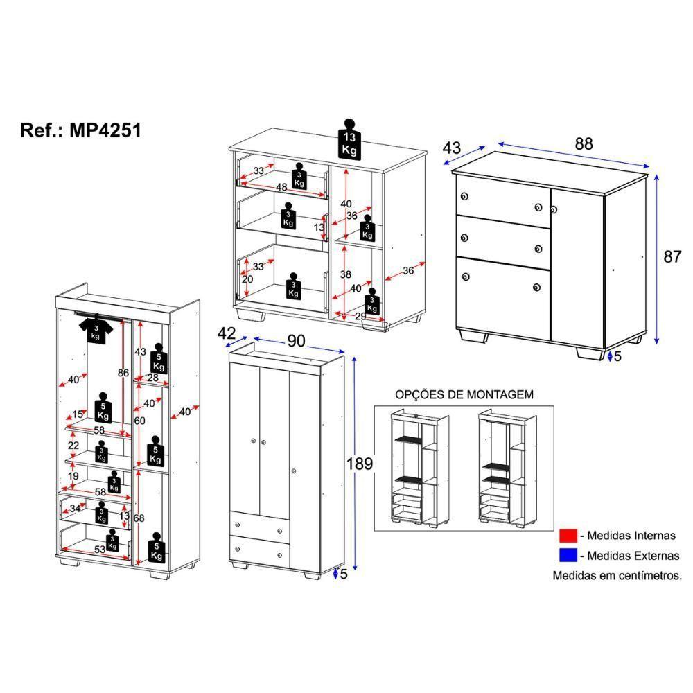 Guarda-roupas 3 Portas 2 Gavetas Com Cômoda 1 Porta 3 Gavetas Algodão Doce Multimóveis Mp4251 Branco - 5