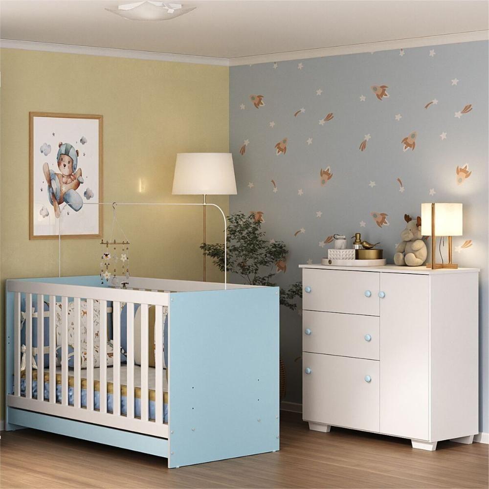 Quarto Infantil Com Berço 3 Em 1 E Cômoda Algodão Doce Multimóveis Mp4249 Branco/azul - 8