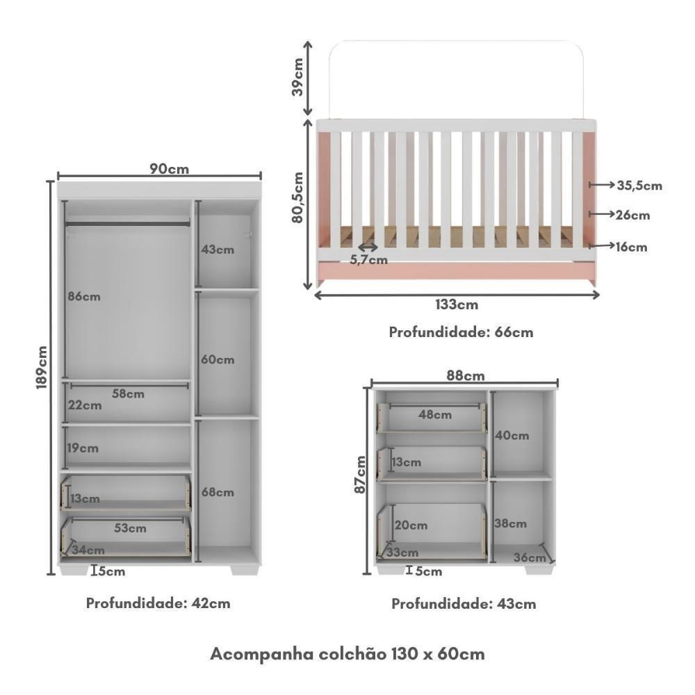 Quarto Infantil Completo Com Colchão Incluso Algodão Doce Multimóveis Mp4253 Branco/rosa - 2