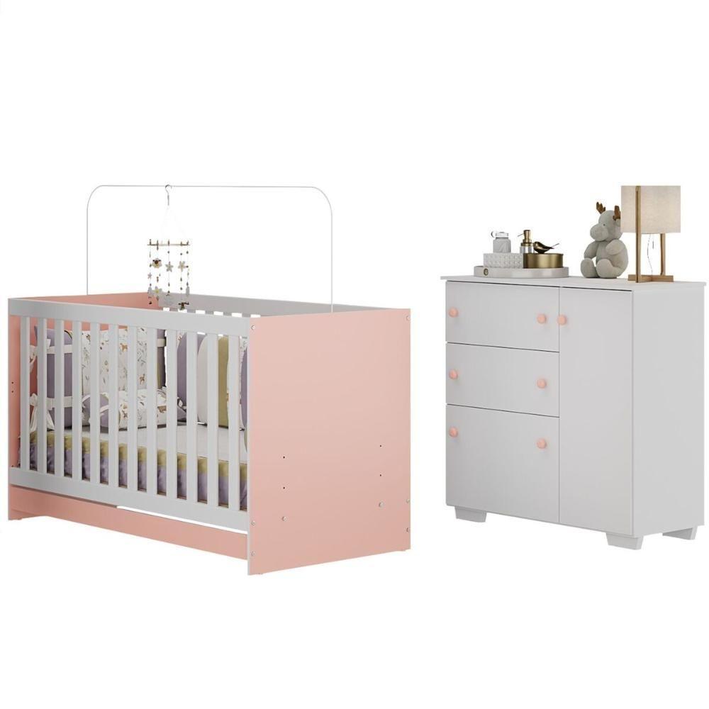 Quarto Infantil Com Berço Colchão Incluso E Cômoda Algodão Doce Multimóveis Mp4250 Branco/rosa - 1