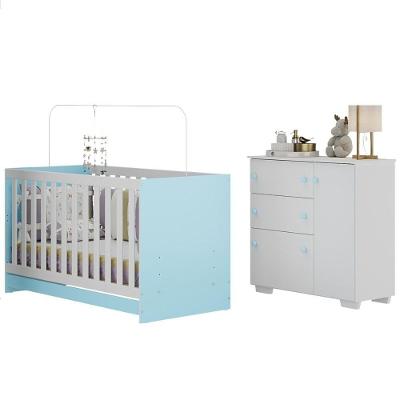 Quarto Infantil Algodão Doce com 1 Porta 3 Gavetas em MDP Branco Azul Multimóveis