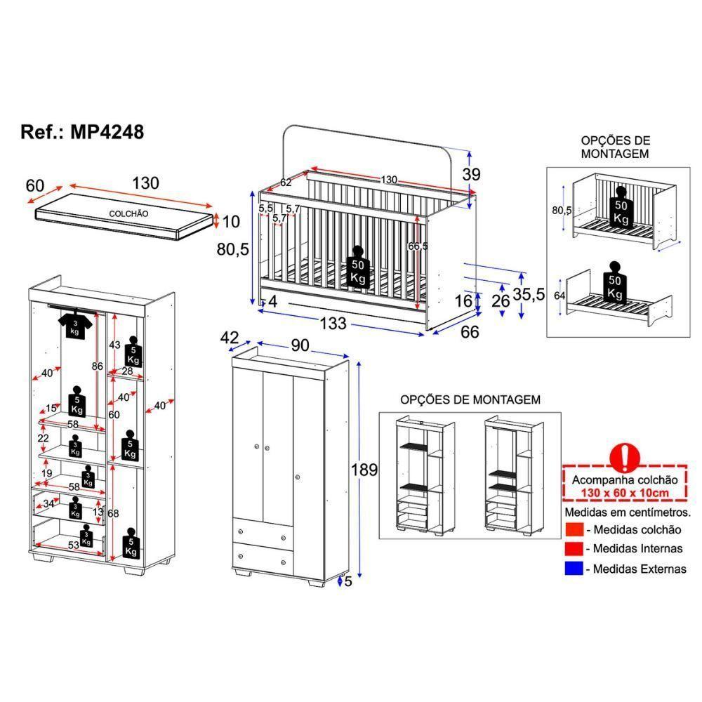 Quarto Infantil Com Berço Colchão Incluso E Guarda-roupas Algodão Doce Multimóveis Mp4248 Branco/azul - 7