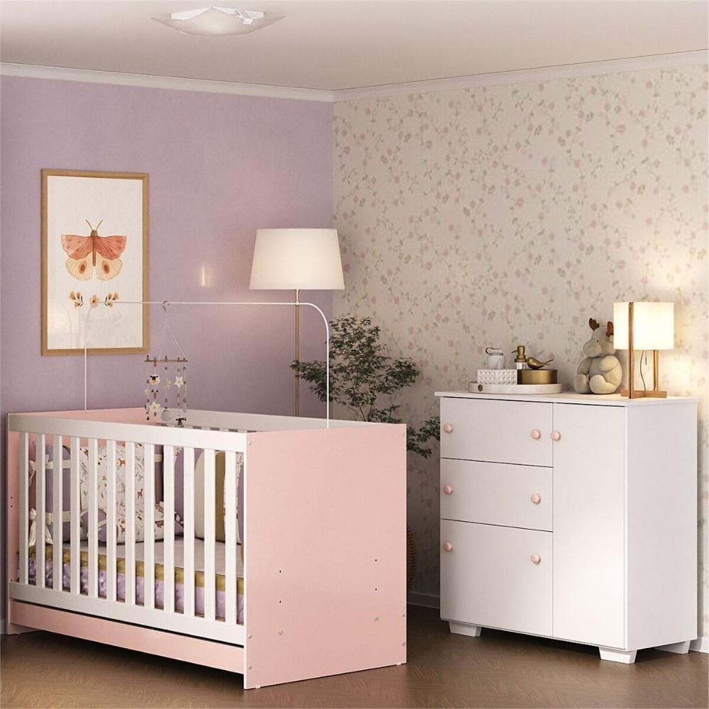 Quarto Infantil Com Berço 3 Em 1 E Cômoda Algodão Doce Multimóveis Mp4249 Branco/rosa - 7