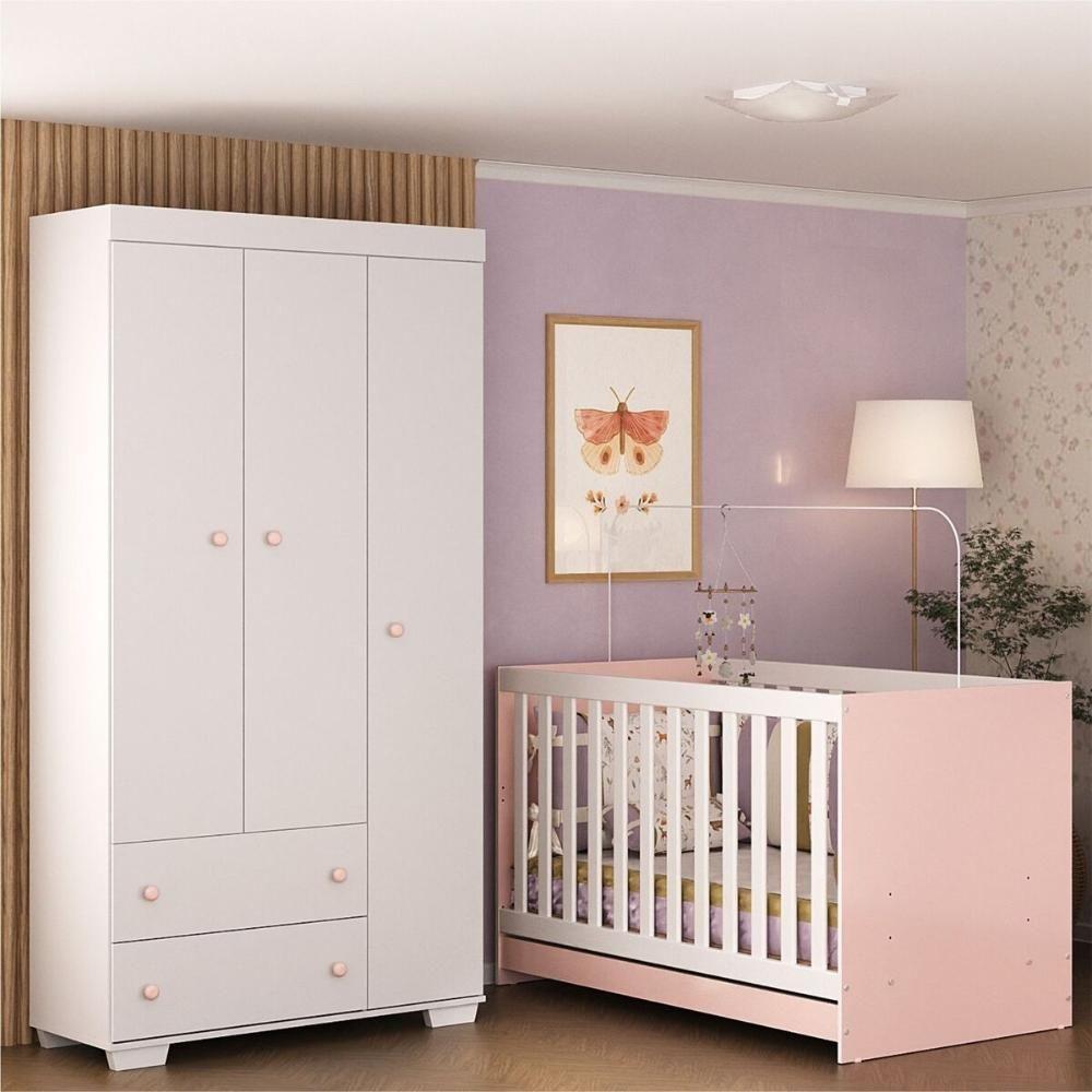 Quarto Infantil Com Berço 3 Em 1 E Guarda-roupas Algodão Doce Multimóveis Mp4247 Branco/rosa - 4