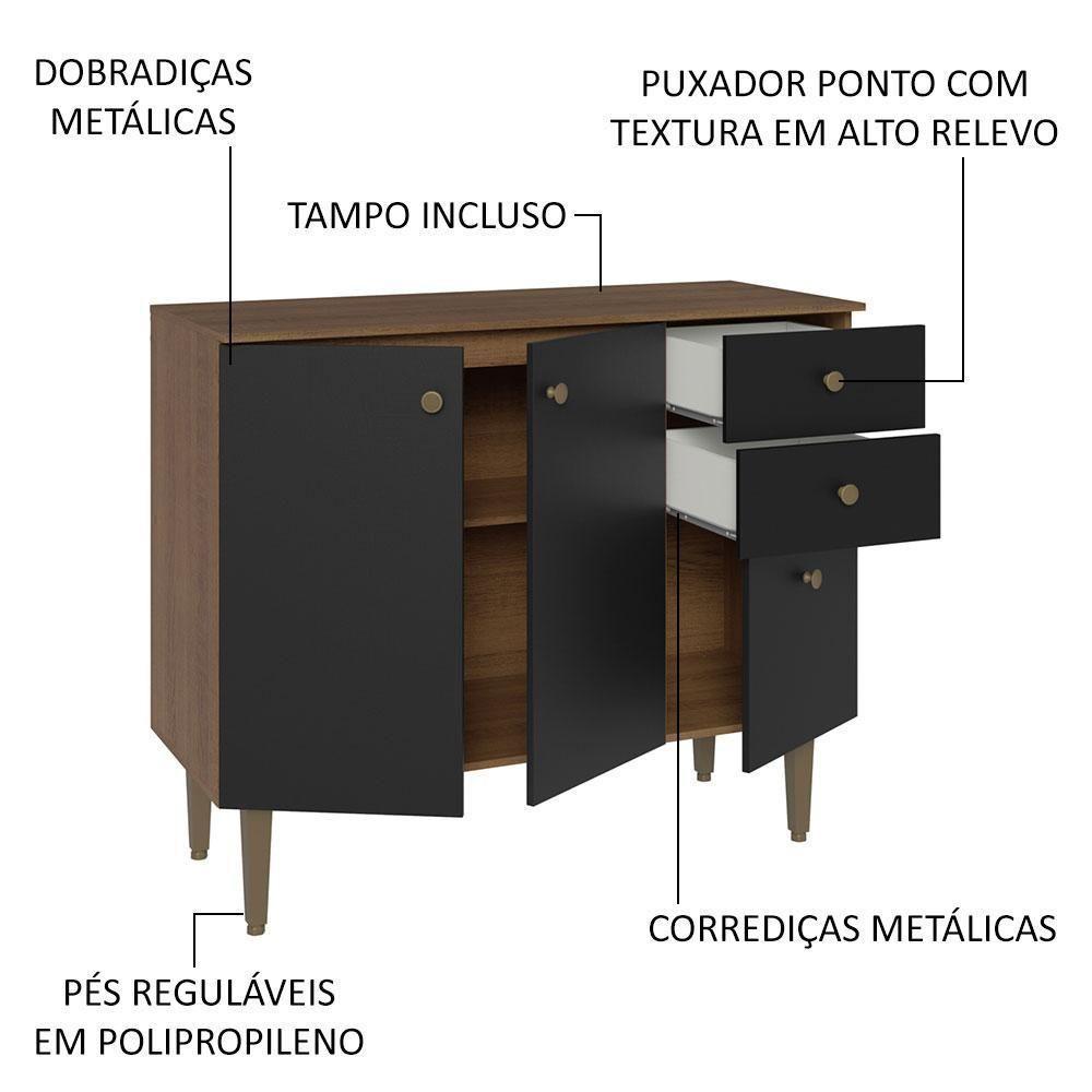 Balcão Gabinete 3 Portas 1 Gaveta Rustic/preto Madesa - 6