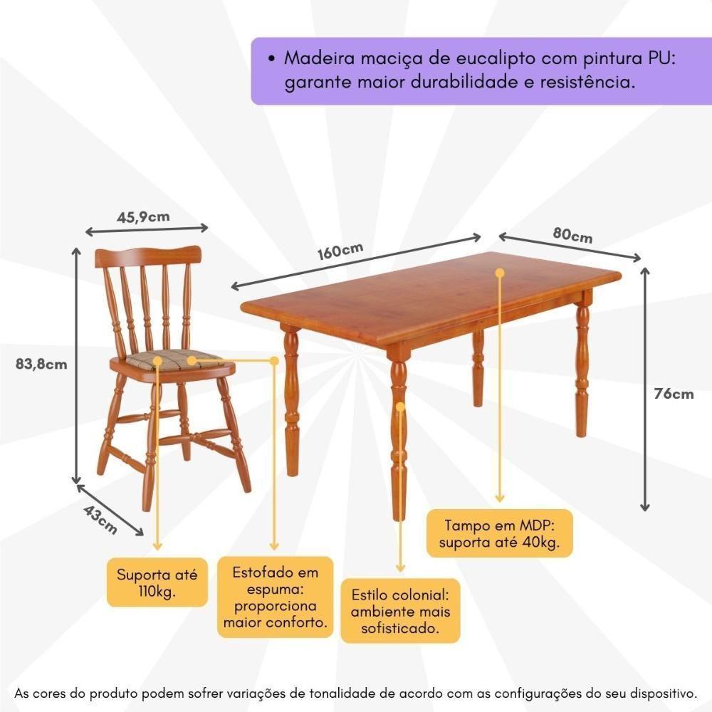 Conjunto Mesa De Jantar 160cm Com 6 Cadeiras Estofadas Multimóveis Cr50086 Mel Mel - 3