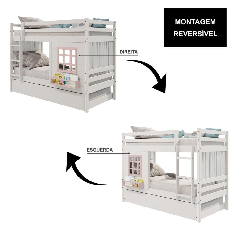 Treliche Infantil Com Janela E Cortina Madeira Maciça Branco/ Rosa Housin - 2