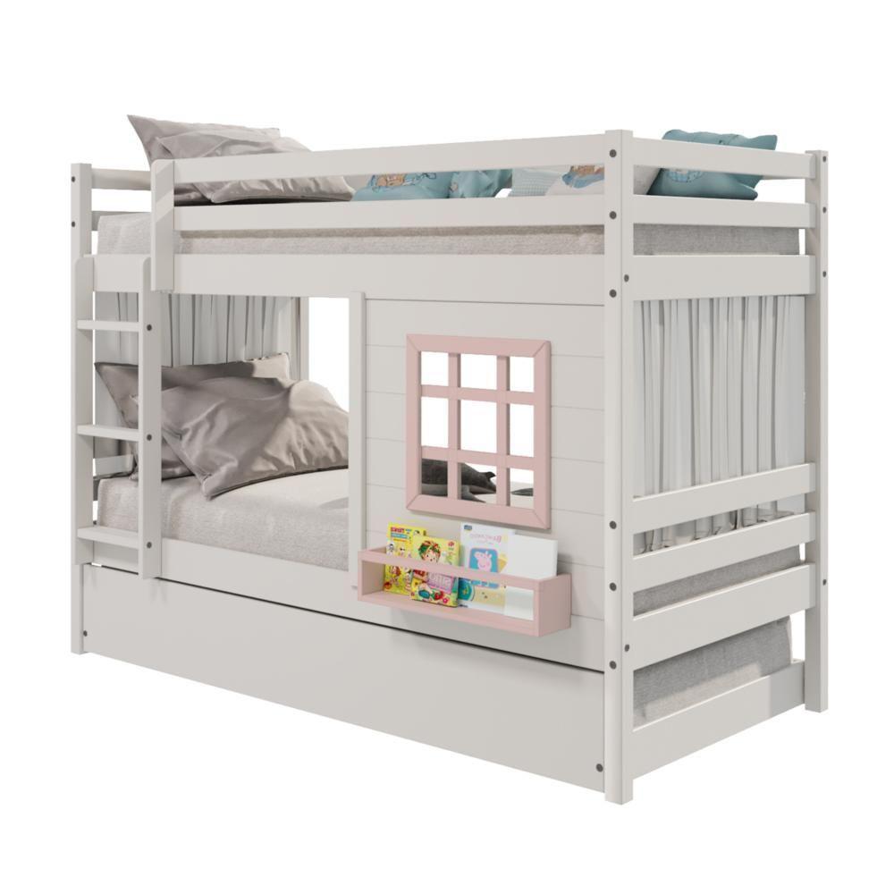 Treliche Infantil Com Janela E Cortina Madeira Maciça Branco/ Rosa Housin - 3