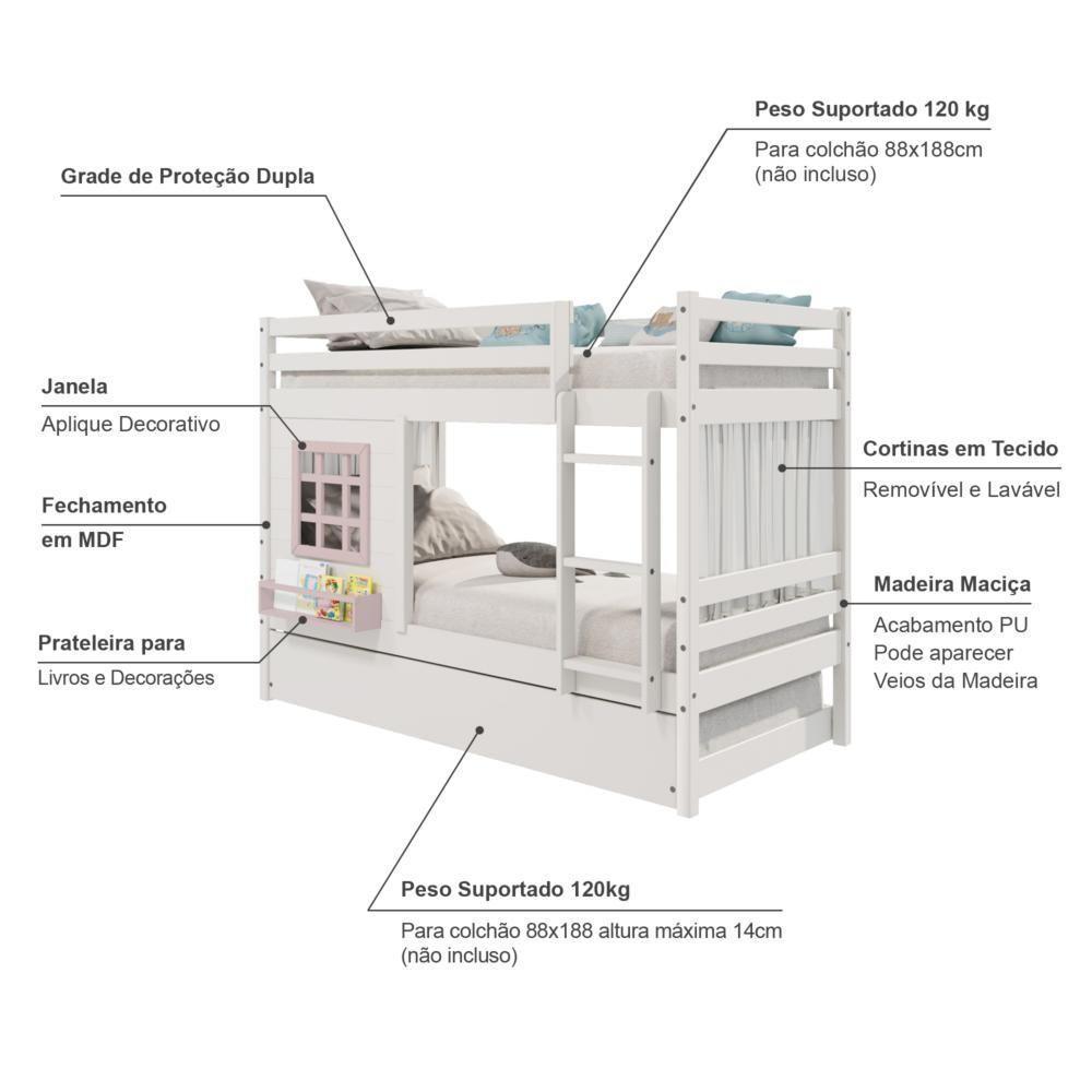 Treliche Infantil Com Janela E Cortina Madeira Maciça Branco/ Rosa Housin - 5