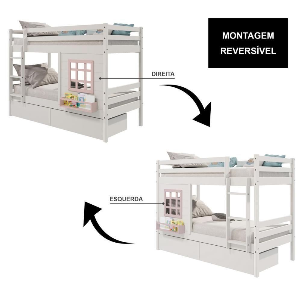 Beliche Infantil Com Janela E Gavetas Madeira Maciça Branco/ Rosa Housin - 2