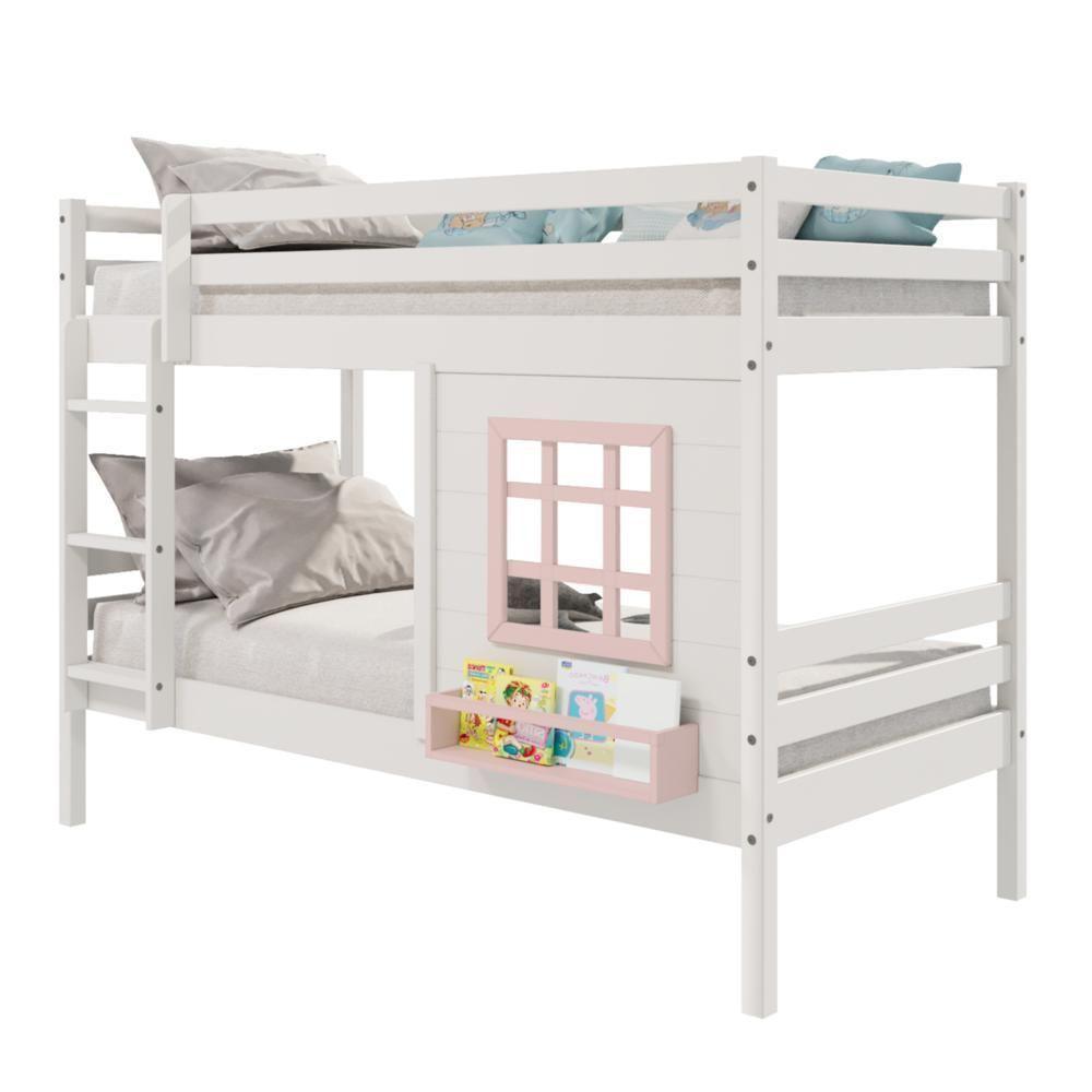 Beliche Infantil Com Janela Madeira Maciça Branco/ Rosa Housin - 5