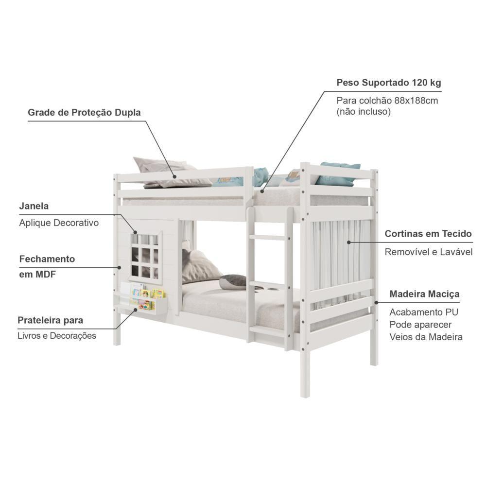 Beliche Infantil Com Janela E Cortina Madeira Maciça Branco Housin - 4