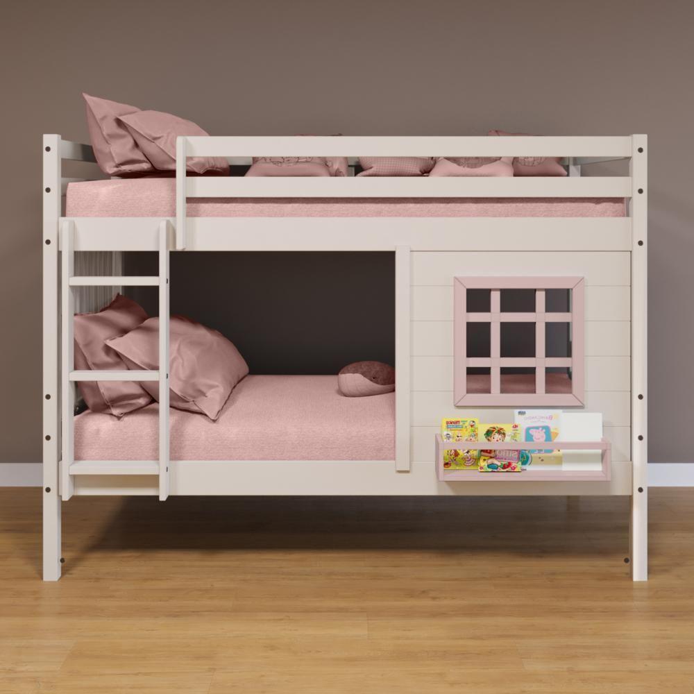 Beliche Infantil Com Janela E Cortina Madeira Maciça Branco/ Rosa Housin - 1