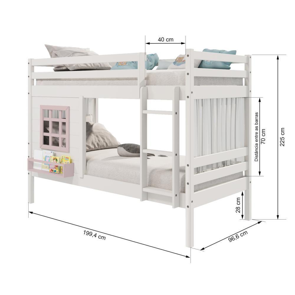Beliche Infantil Com Janela E Cortina Madeira Maciça Branco/ Rosa Housin - 3
