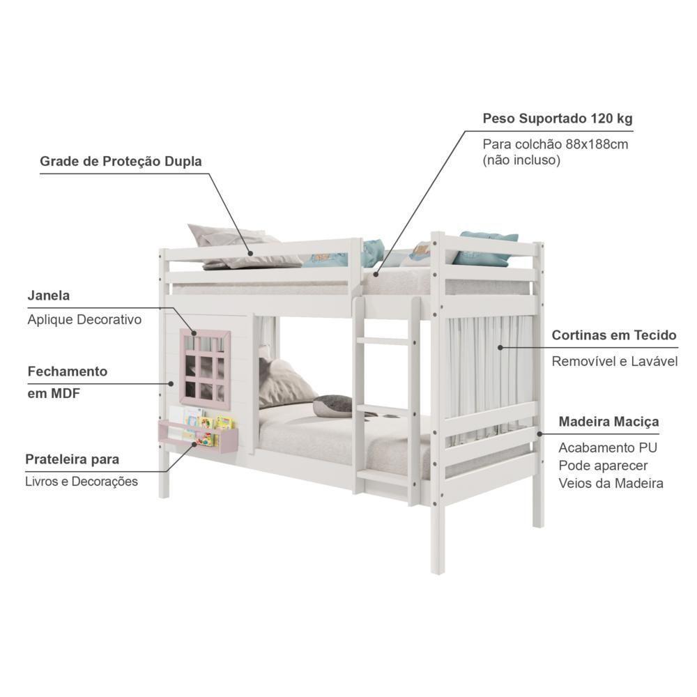 Beliche Infantil Com Janela E Cortina Madeira Maciça Branco/ Rosa Housin - 4