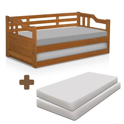 Estofado Cama Solteiro De Madeira Maciça Com Cama Auxiliar Atraente Imbuia Com 2 Colchões