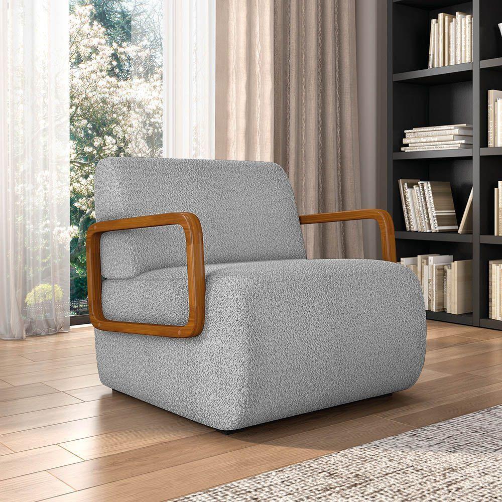 Poltrona Sala De Estar Braço De Madeira Hellen Bouclê K01 - D'rossi Cor Cinza - 6